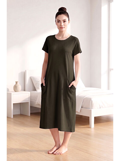 Remsa Kadın Kısa Kol Cep Detay Viskon Elbise Pijama 25234-3 Haki