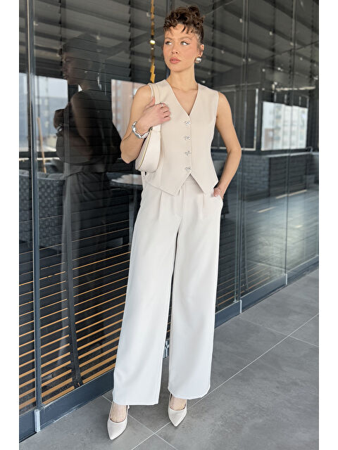 Gülseli Düğme Detaylı Astarlı Kadın Yelek Pantolon İkili Takım - S000361015-25636