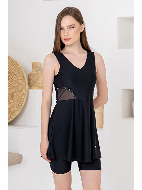 Adasea UV Korumalı Aksesuar Detay Elastanlı Sıfır Kol Yarı Kapalı Mayo 1625 Siyah02