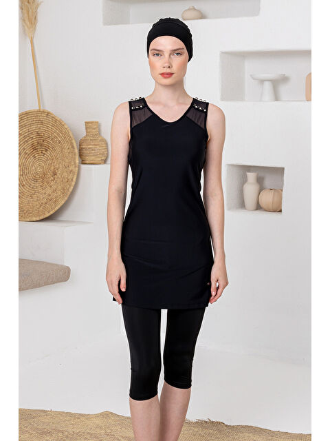 Adasea UV Korumalı Boncuk Detay Elastanlı Sıfır Kol Yarı Kapalı Mayo 1626 Siyah03