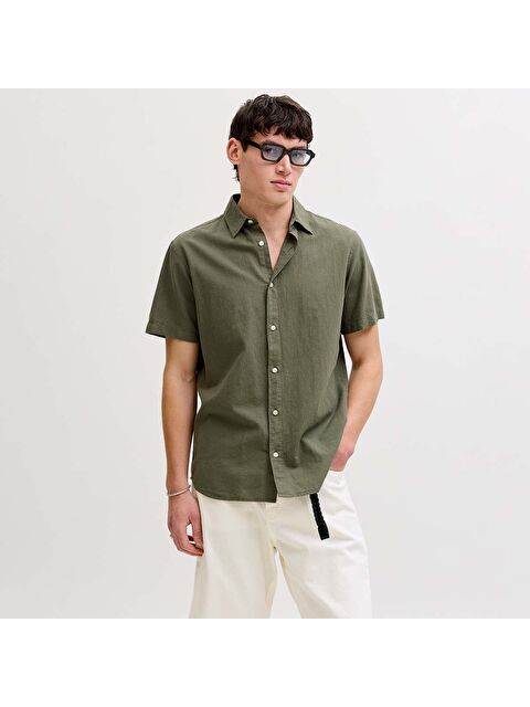 Jack & Jones Breeze Linen Blend Erkek Haki Klasik Yaka Gömlek