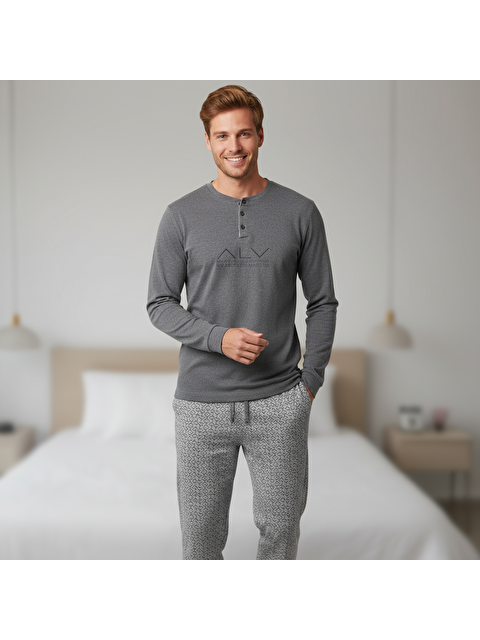 Bonbon Erkek Pamuklu Gri Melanj Renk Pijama Takımı Al001 V2
