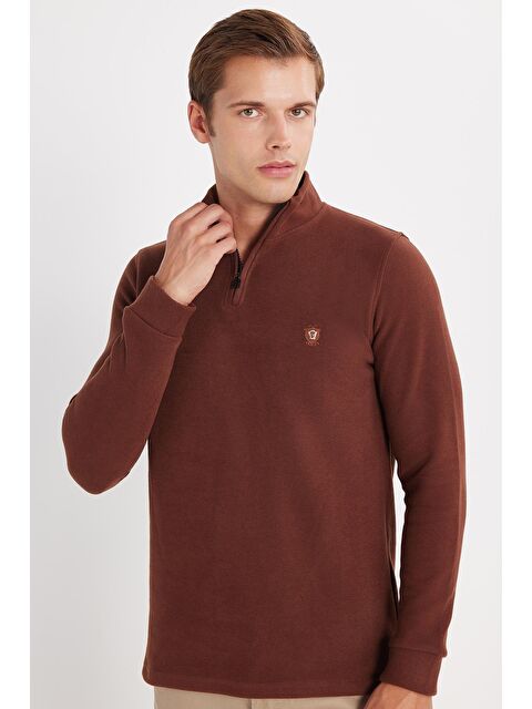 TUDORS Erkek Slim Fit Dar Kesim Pamuklu Selanik Kumaş Yarım Fermuarlı Kahverengi Dik Yaka Sweatshirt - S000525802-19413