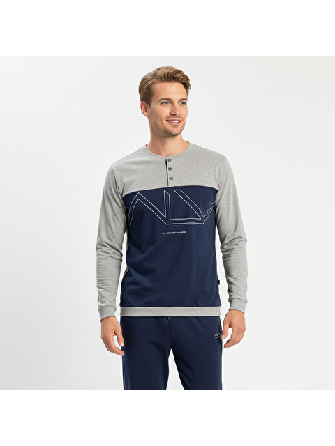 Bonbon Erkek Pamuklu Gri - Lacivert Renk Pijama Takımı Al008 V2