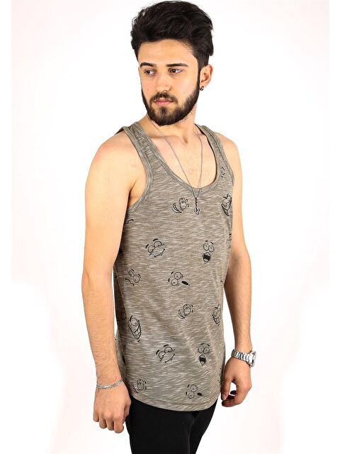 Madmext Emoji Baskılı Haki %100 Pamuk Kolsuz Tişört 2329 - S000122037-18547