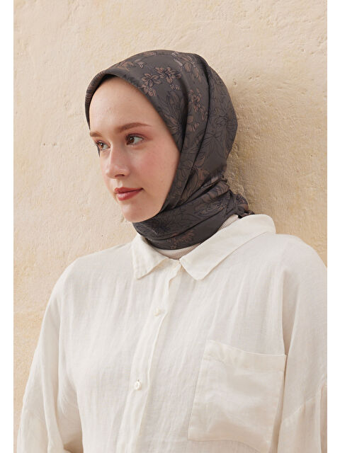Fresh Scarfs Aster Desen Pamuk İpek Eşarp Koyu Kahve - S000457465-29704