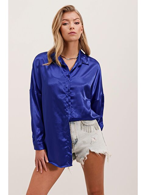 Bigdart 3985 Oversize Saten Gömlek - Saks - S000089878-23710