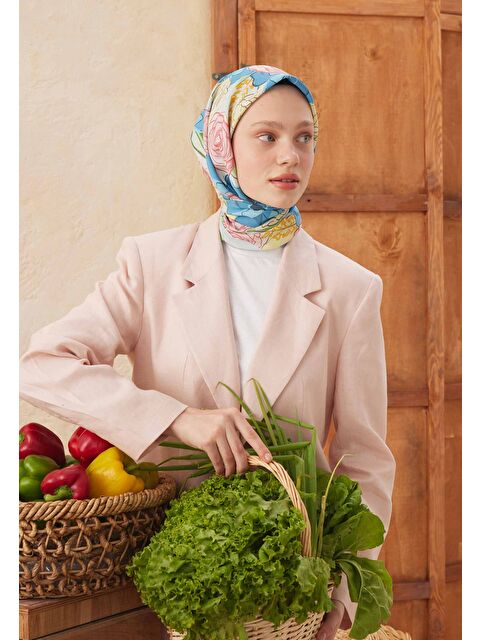Fresh Scarfs Rose Bouquet Desen Pamuk İpek Eşarp Mavi - S000457466-17234