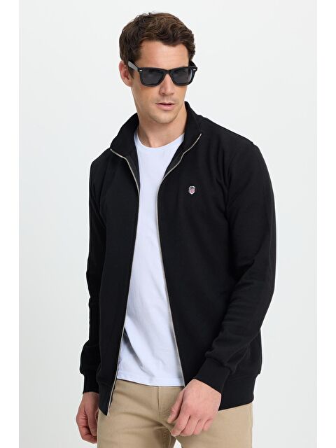 TUDORS Erkek Slim Fit Dar Kesim Pamuklu Tam Fermuarlı Çift Cepli Dik Yaka Siyah Sweatshirt Hırka - S000525804-19351