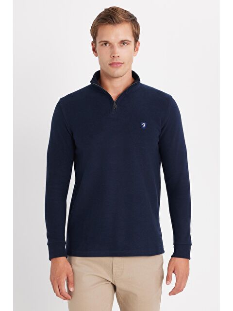 TUDORS Erkek Slim Fit Dar Kesim Pamuklu Selanik Kumaş Yarım Fermuarlı Lacivert Dik Yaka Sweatshirt - S000525807-21164