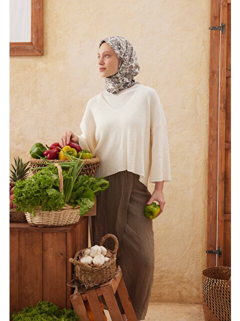 Fresh Scarfs Leaf Desen Pamuk İpek Eşarp Haki - S000423034-18547