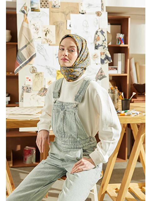 Fresh Scarfs Bloomıng Garden Desen Pamuk İpek Eşarp Mavi - S000422859-17234