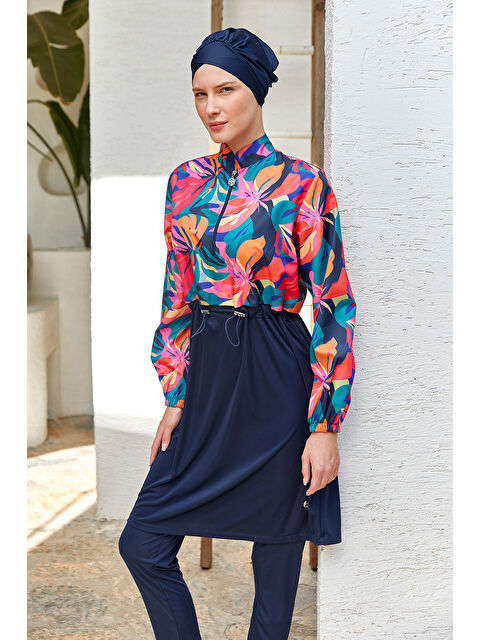 Rozamay Tam Kapalı Tesettür Mayo Yarım Desenli 3403 Koyu Lacivert - S000426093-29672