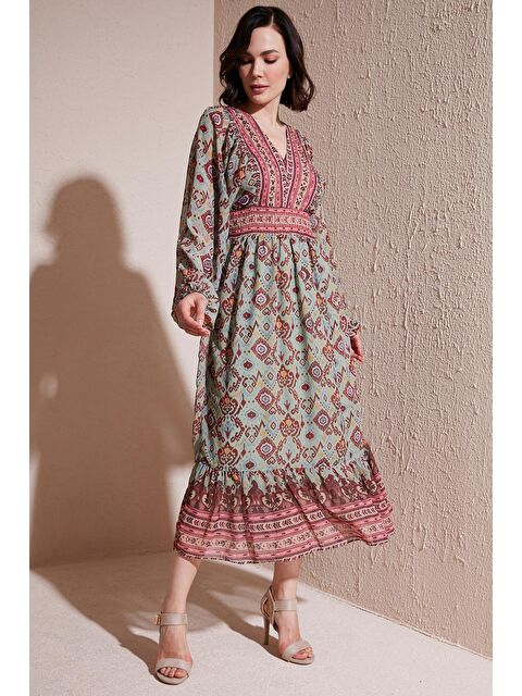 Lela Desenli V Yaka Gipeli Uzun Kollu Midi Boy Şifon Elbise 611El499 - S000177254-18547