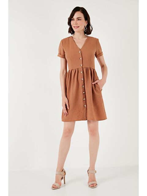 Lela Cepli Önü Düğmeli Kısa Kollu V Yaka Regular Fit Elbise 611El222 - S000177255-19413