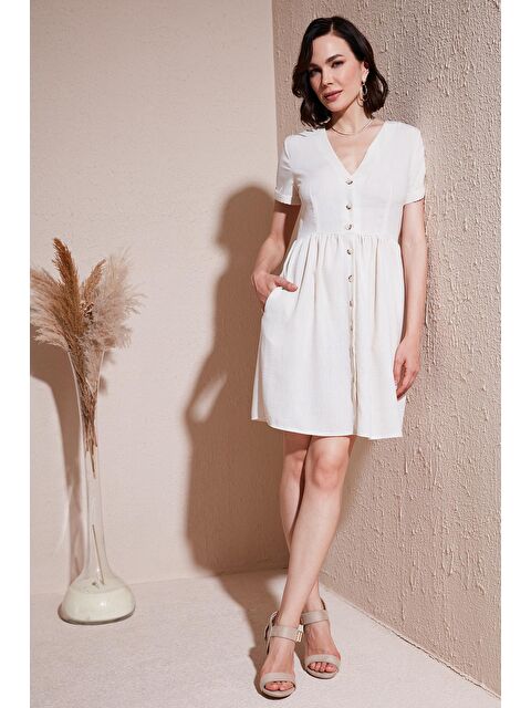 Lela Cepli Önü Düğmeli Kısa Kollu V Yaka Regular Fit Elbise 611El222 - S000177255-25636