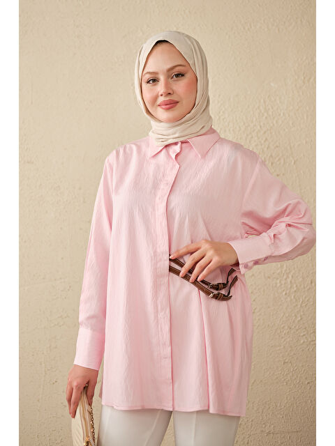 Locco Moda Kadın Çizgi Desenli Çift Kemerli Gömlek Pembe