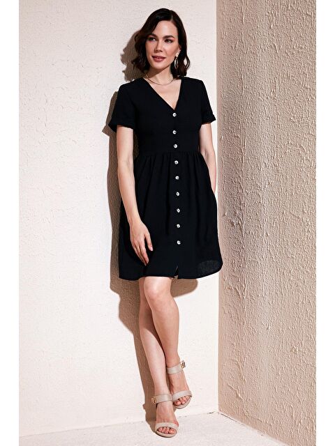 Lela Cepli Önü Düğmeli Kısa Kollu V Yaka Regular Fit Elbise 611El222 - S000177255-19351