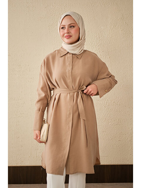 Locco Moda Kadın Bel Bağlamalı Gizli Düğmeli Uzun Gömlek Vizon