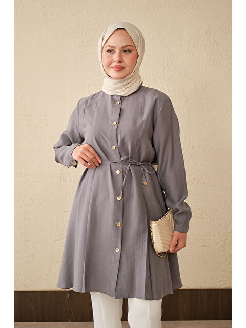 Locco Moda Kadın Pile Detay Bel Bağlamalı Uzun Gömlek Gri