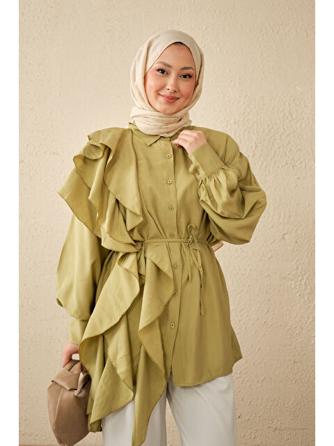 Locco Moda Kadın Volanlı Bağcıklı Gömlek Yağ Yeşil