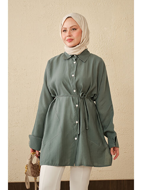 Locco Moda Kadın Çift Cep Detay Uzun Gömlek Yeşil