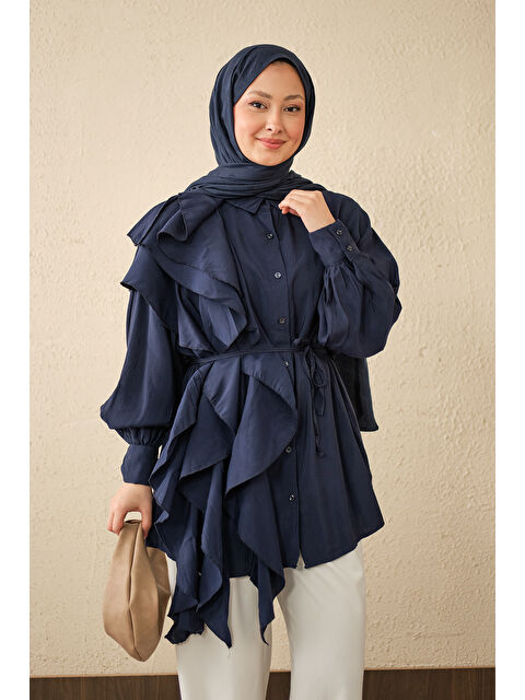 Locco Moda Kadın Volanlı Bağcıklı Gömlek Lacivert