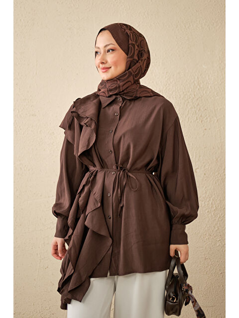 Locco Moda Kadın Volanlı Bağcıklı Gömlek Kahverengi