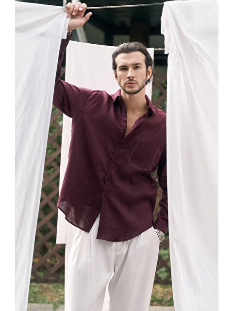 Bohemai Ombretta Bordo Keten Oversize Erkek Gömlek - S000522409-19951