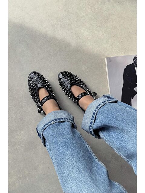 Straswans Sofia Kadın Drop Detay Kıışık Deri Babet Siyah - S000513137-19351