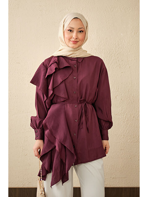 Locco Moda Kadın Volanlı Bağcıklı Gömlek Mürdüm