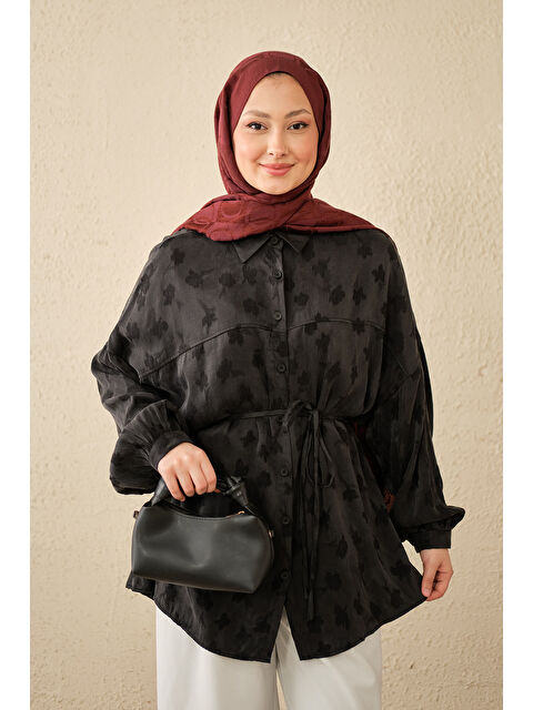 Locco Moda Kadın Yonca Desen Saten Bel Bağlamalı Gömlek Siyah