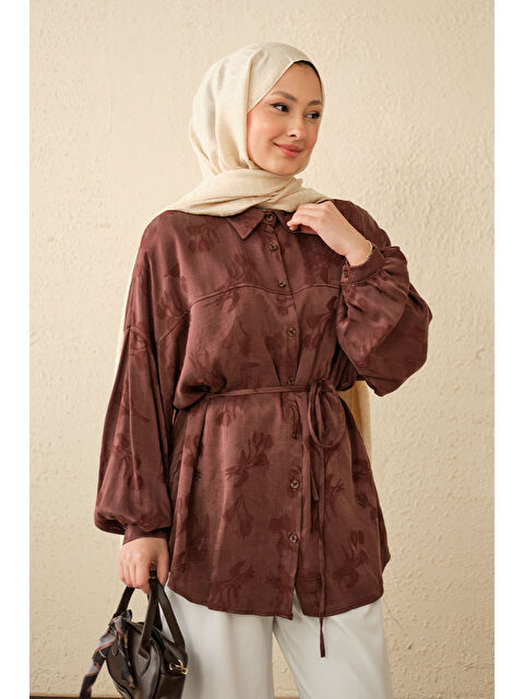 Locco Moda Kadın Lale Desen Saten Bel Bağlamalı Gömlek Kahverengi