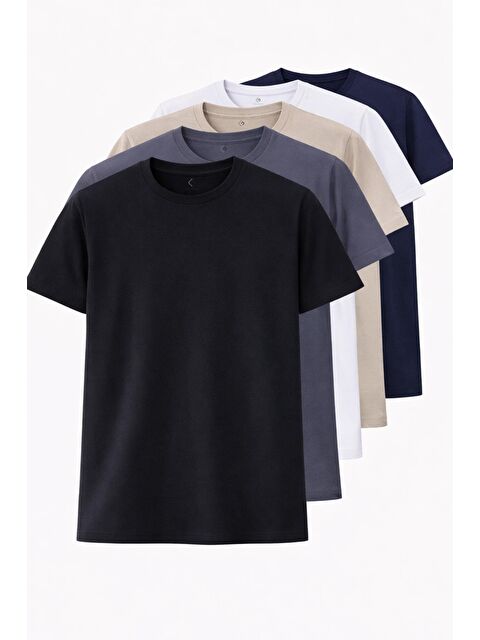Freemen Erkek Siyah-Beyaz-Lacivert-Antrasit-Bej Normal Kalıp Bisiklet Yaka %100 Pamuk 5’Li Basic Tişört Seti - S000492366-23173