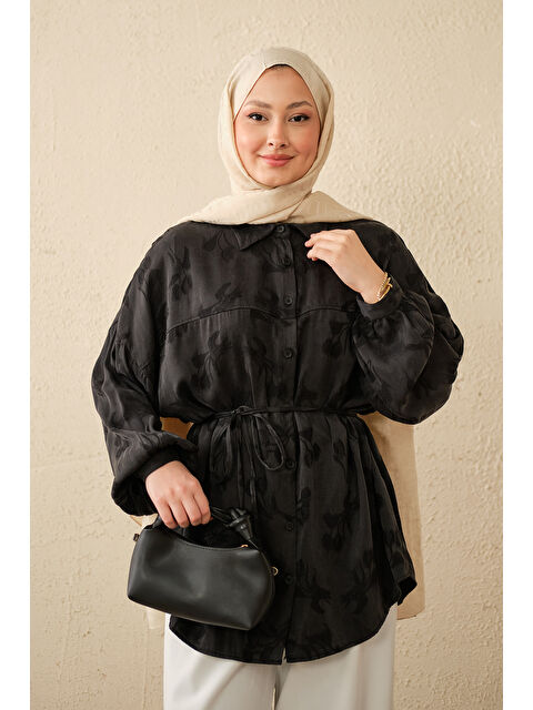 Locco Moda Kadın Lale Desen Saten Bel Bağlamalı Gömlek Siyah