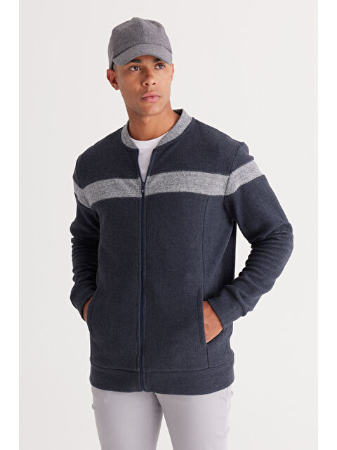 AC&Co / Altınyıldız Classics İndigo Melanj Oversize Fit Bol Kesim Kolej Yaka Pamuklu Erkek Fermuarlı Sweatshirt Hırka - S000411927-23093