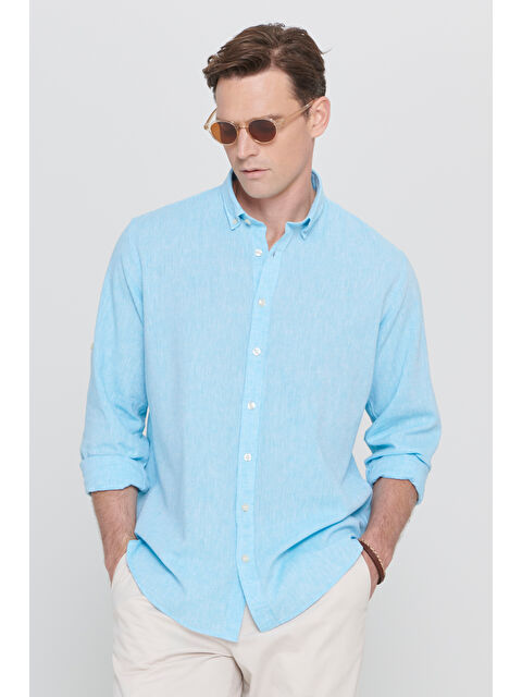 AC&Co / Altınyıldız Classics Erkek Turkuaz Comfort Fit Rahat Kesim Düğmeli Yaka Casual Keten Gömlek