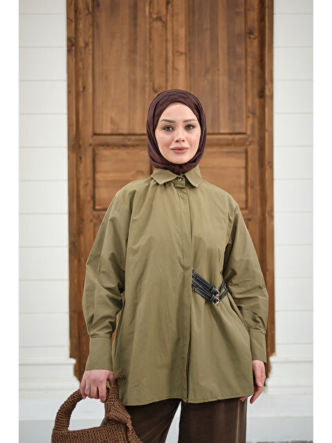 Locco Moda Kadın Çift Kemer Detay Gömlek Haki Yeşil