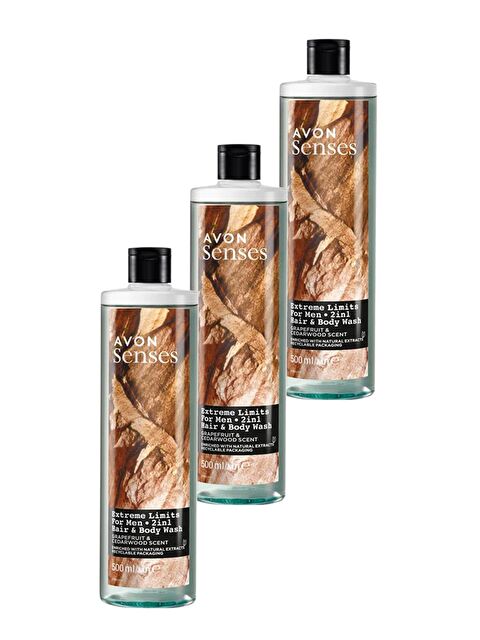 AVON Extreme Limits Greyfurt ve Sandal Kokulu Saç ve Vücut için Erkek Duş Jeli 500 Ml. Üçlü Set - S000188568-10231
