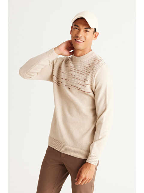 AC&Co / Altınyıldız Classics Erkek Bej-Kiremit Standart Fit Normal Kesim Yarım Balıkçı Yaka Triko Kazak - S000394377-37210