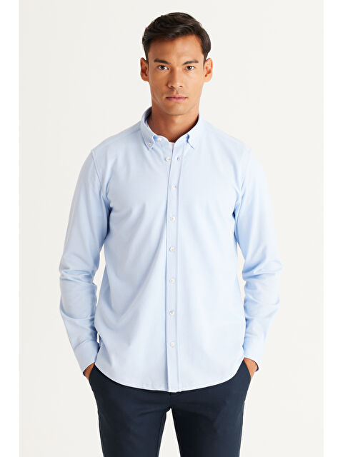 Altınyıldız Classics Erkek Açık Mavi Slim Fit Dar Kesim Düğmeli Yaka Pike Desenli Örme Gömlek - S000408107-17437