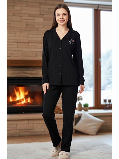 Remsa Kadın Önü Düğmeli Suprem Pijama Takımı 0550 Siyah02 - S000469086-3457