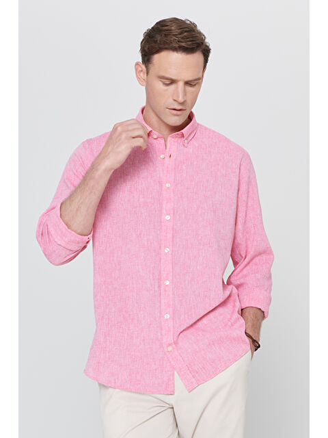 AC&Co / Altınyıldız Classics Erkek Fuşya Comfort Fit Rahat Kesim Düğmeli Yaka Casual Keten Gömlek - S000394275-18686