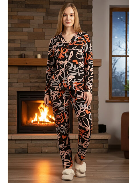 Remsa Kadın Desenli Önü Düğmeli Saphire Pijama Takımı 0543 Siyah11 - S000469088-3493