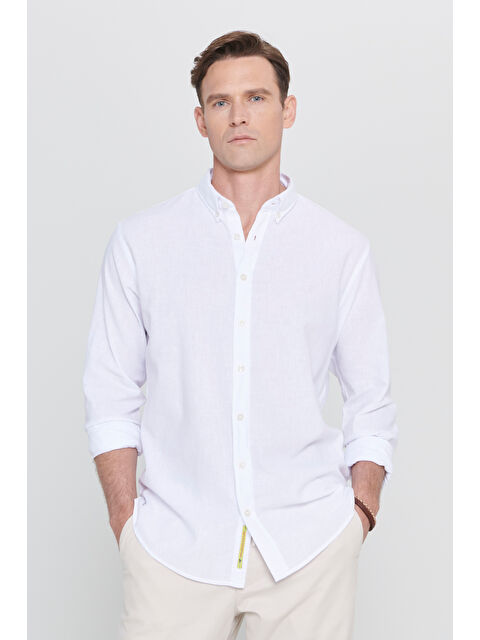 AC&Co / Altınyıldız Classics Erkek Beyaz Comfort Fit Rahat Kesim Düğmeli Yaka Casual Keten Gömlek - S000394275-20063