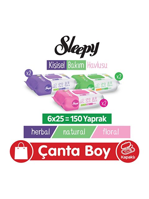 Sleepy Natural + Floral + Herbal Kişisel Bakım Havlusu Çanta Boy 6x25 (150 Yaprak)