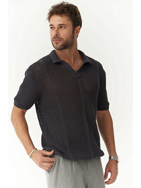 Mai Collection Looke Erkek Çizgi Detay Füme Triko T-shirt - S000525810-33408