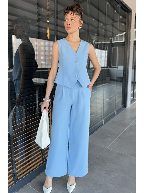 Gülseli Düğme Detaylı Astarlı Kadın Yelek Pantolon İkili Takım - S000361015-17437