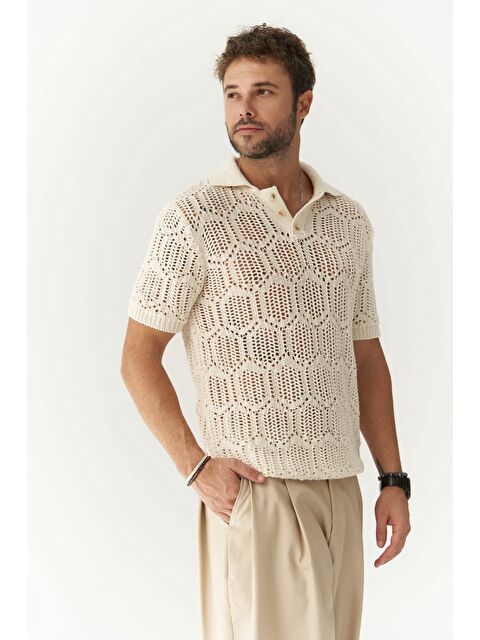 Mai Collection Leonard Erkek Düğme Detay Ekru Triko T-Shirt - S000525815-19965