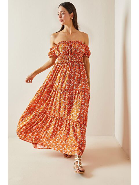 Xhan Turuncu Desenli Kayık Yaka Maxi Elbise 5YXK6-48870-11 - S000241840-20013